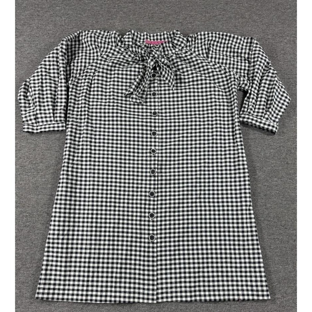 BURU Dress Womens Large Black White Gingham Bow Neck Button Front‎ Made USA